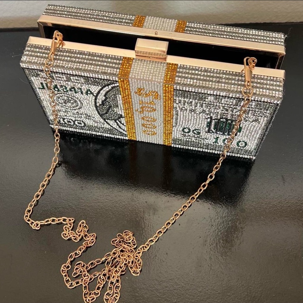 Embellished Crystal Money Clutch in Silver & Gold - Picture 2 of 3